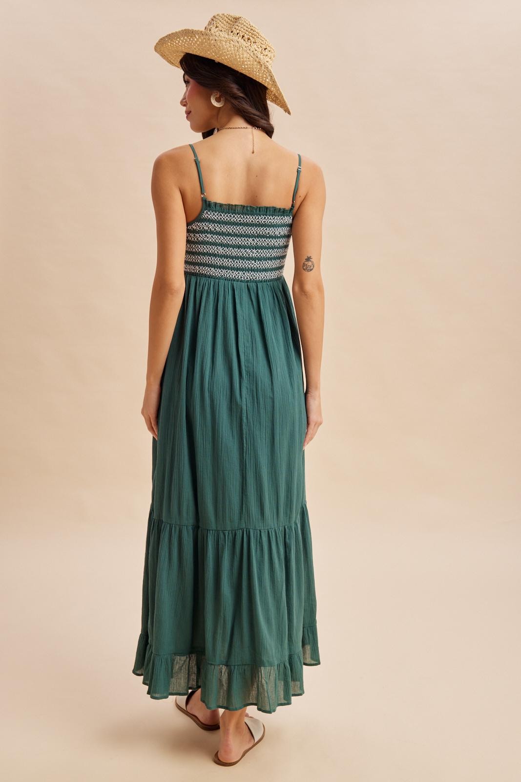 Rich Teal Embroidered Smocked Maxi Dress