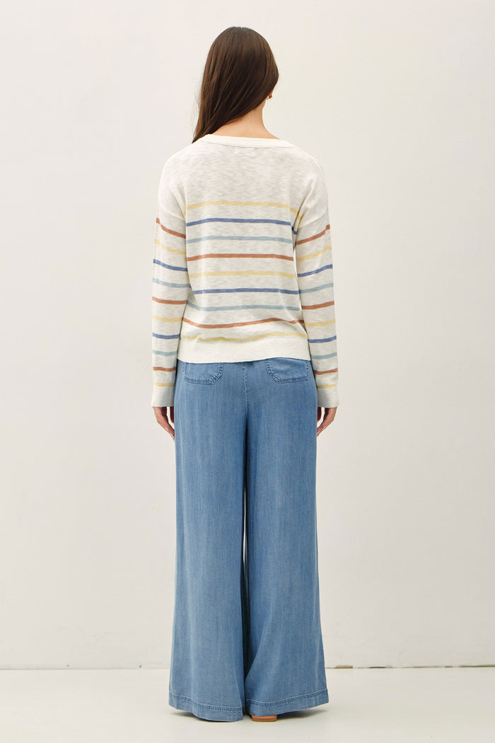 woman wearing a striped sweater in cream and pastel colors with wide-leg denim pants from the back