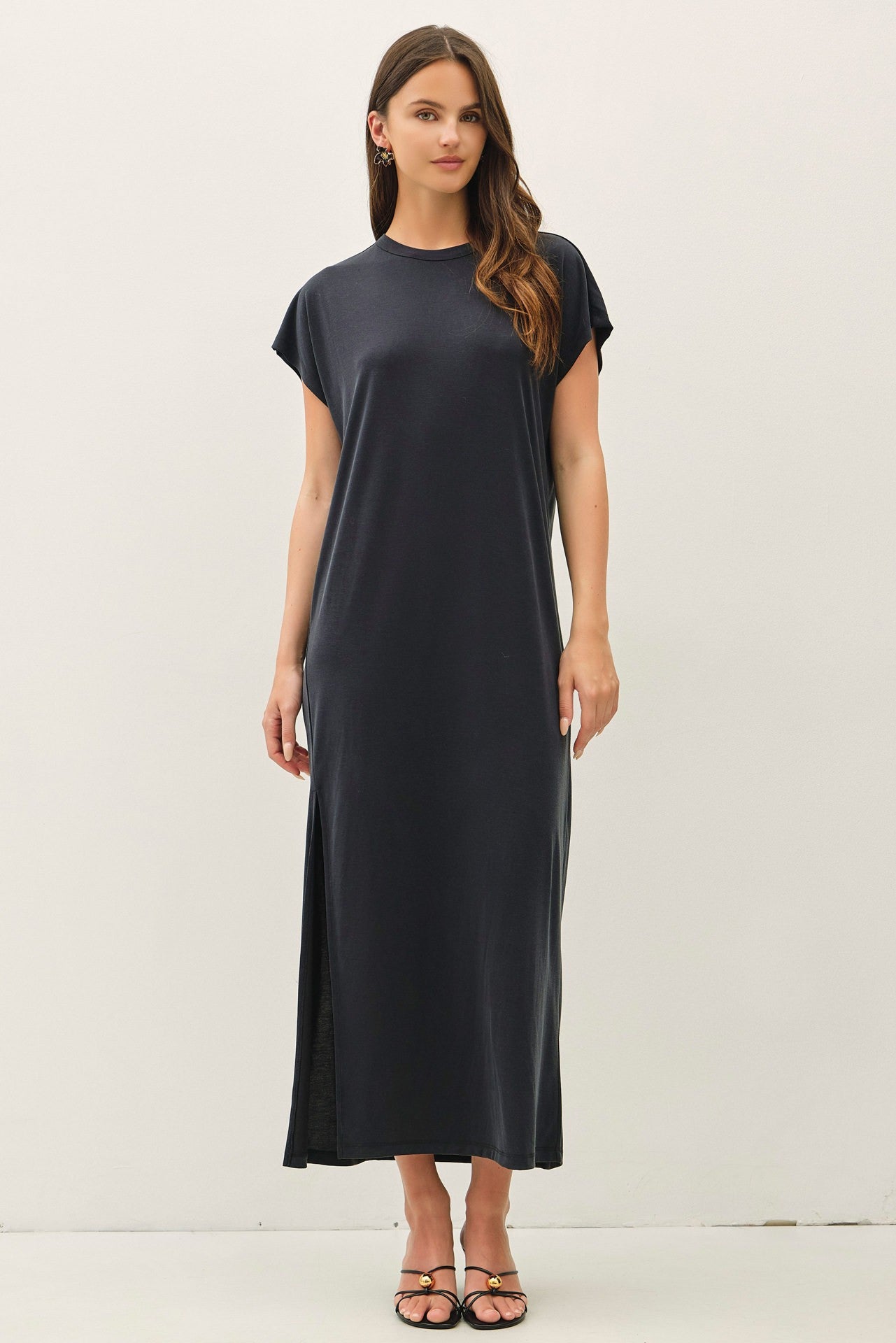 boxy maxi dress Vintage Black Boxy Side Slit Maxi Dress