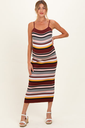 Burgundy Multi Stripe Knit Maternity Midi Dress
