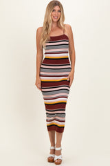 Burgundy Multi Stripe Knit Maternity Midi Dress