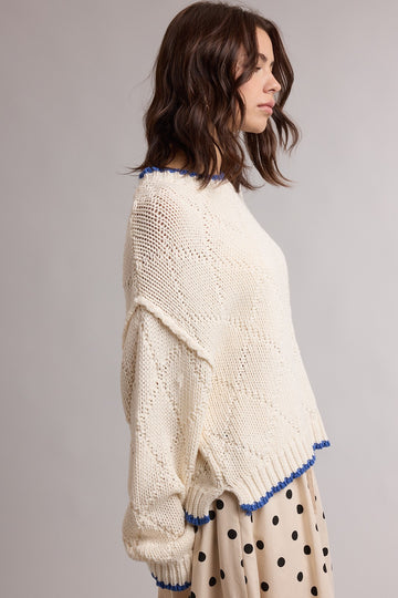 Cream Contrast Trim Pointelle Sweater