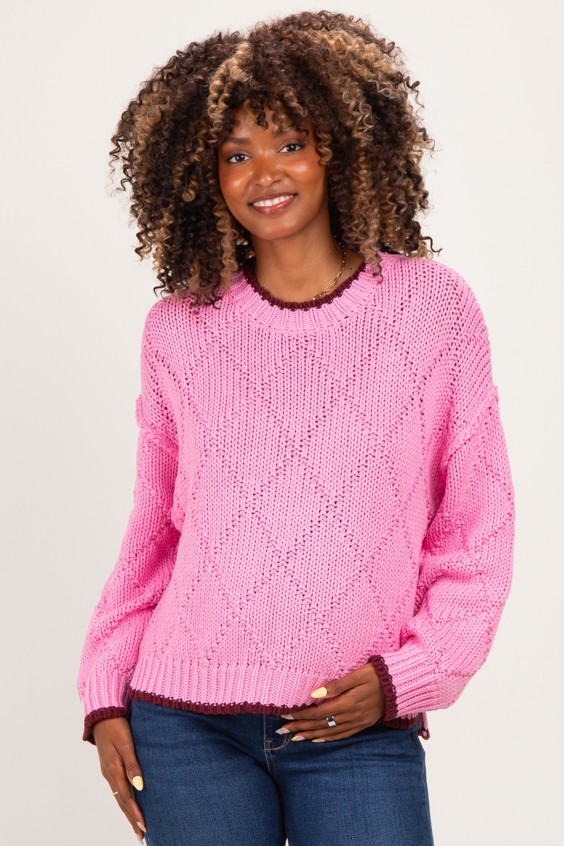 Hibiscus Contrast Trim Pointelle Matenity Sweater – PinkBlush
