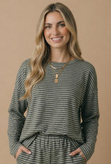 Olive Striped Oversized French Terry Maternity Top