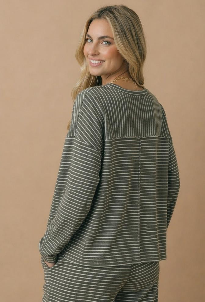 Olive Striped Oversized French Terry Top
