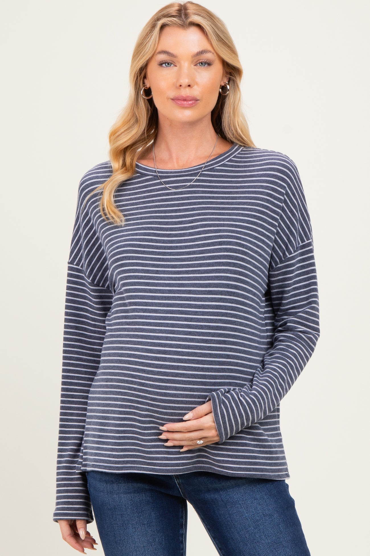 Navy Striped Oversized French Terry Maternity Top