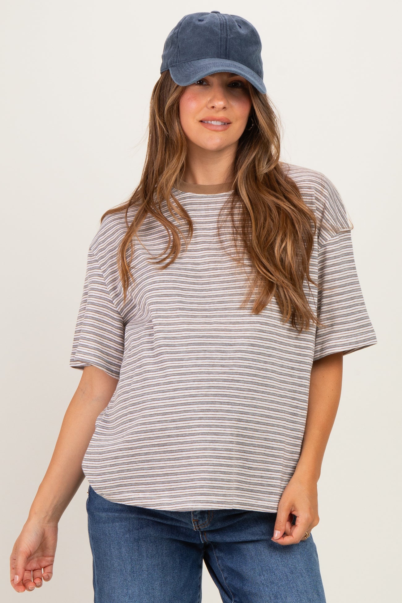 Grey Multi Stripe Oversized Maternity Tee