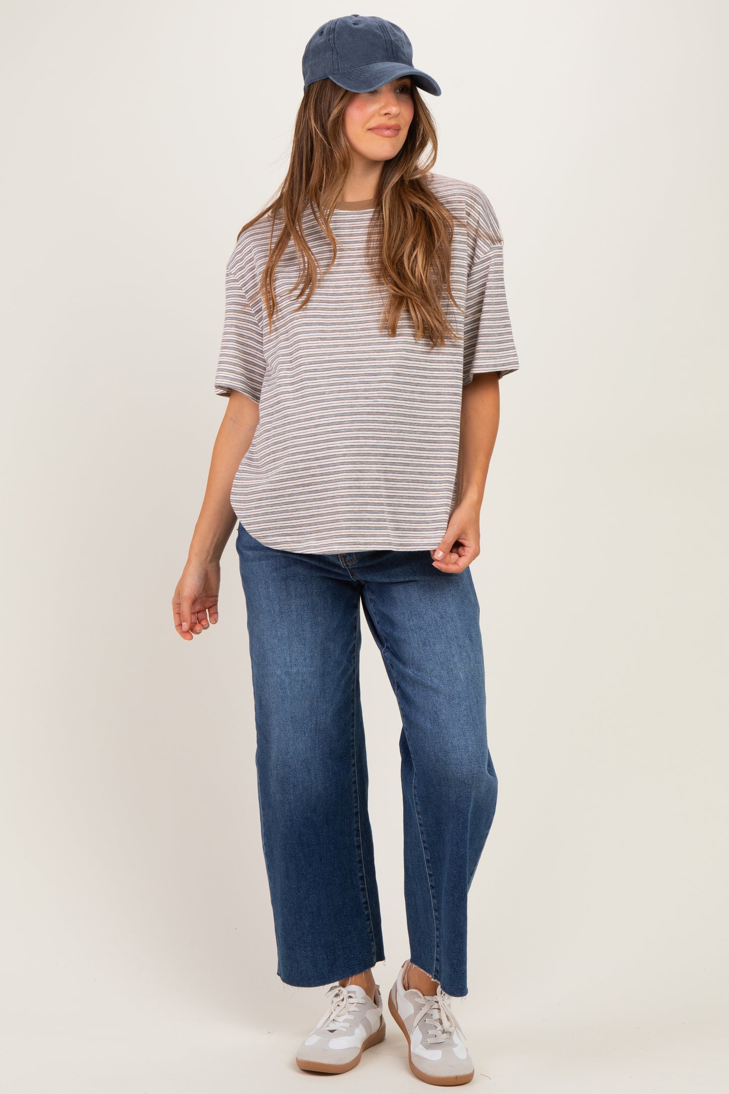 Grey Multi Stripe Oversized Maternity Tee