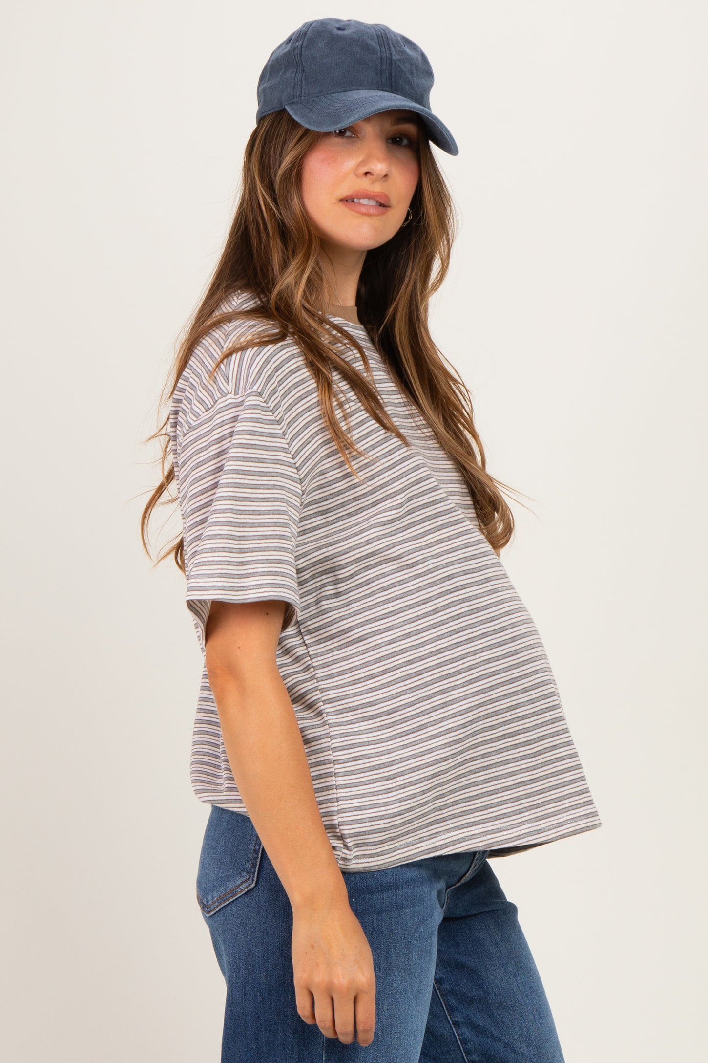 Grey Multi Stripe Oversized Maternity Tee