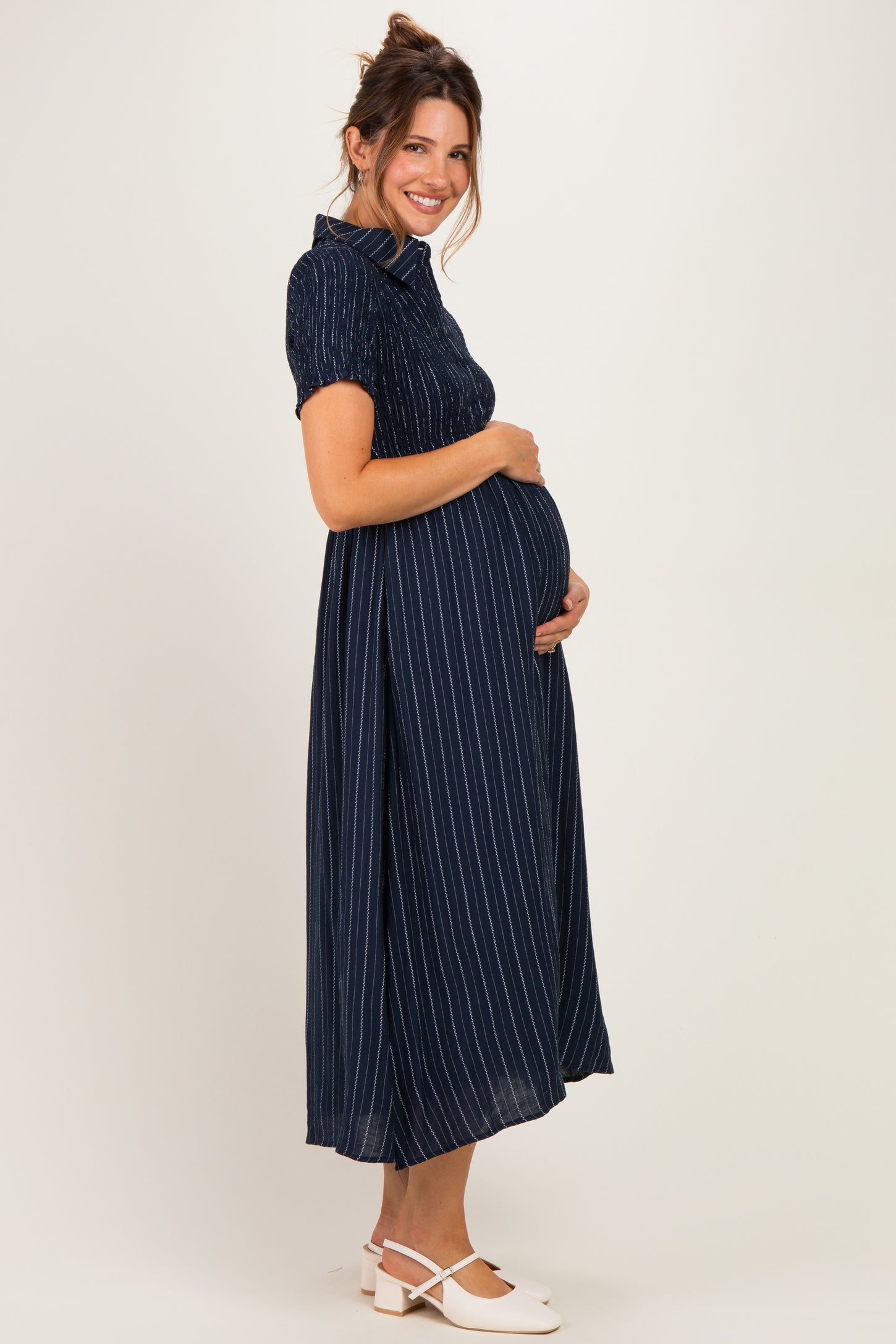 Navy Striped Smocked Maternity Shirt Dress