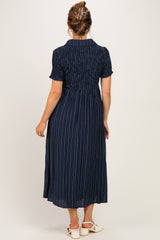 Navy Striped Smocked Maternity Shirt Dress