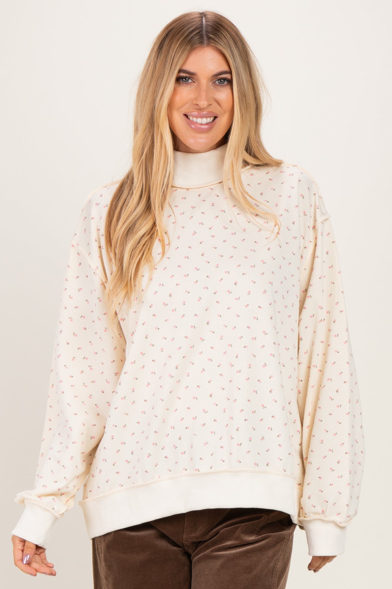 Cream Floral Mock Neck Drop Shoulder Pullover