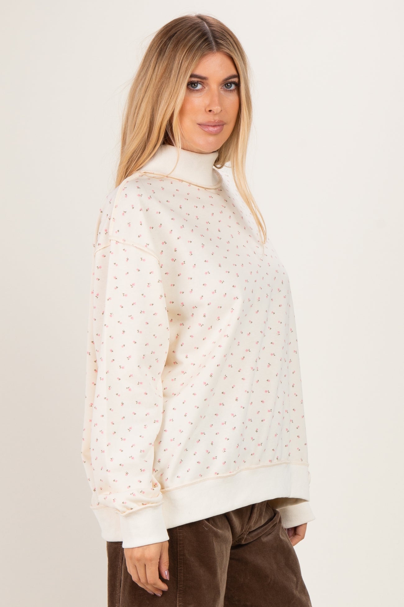Cream Floral Mock Neck Drop Shoulder Pullover