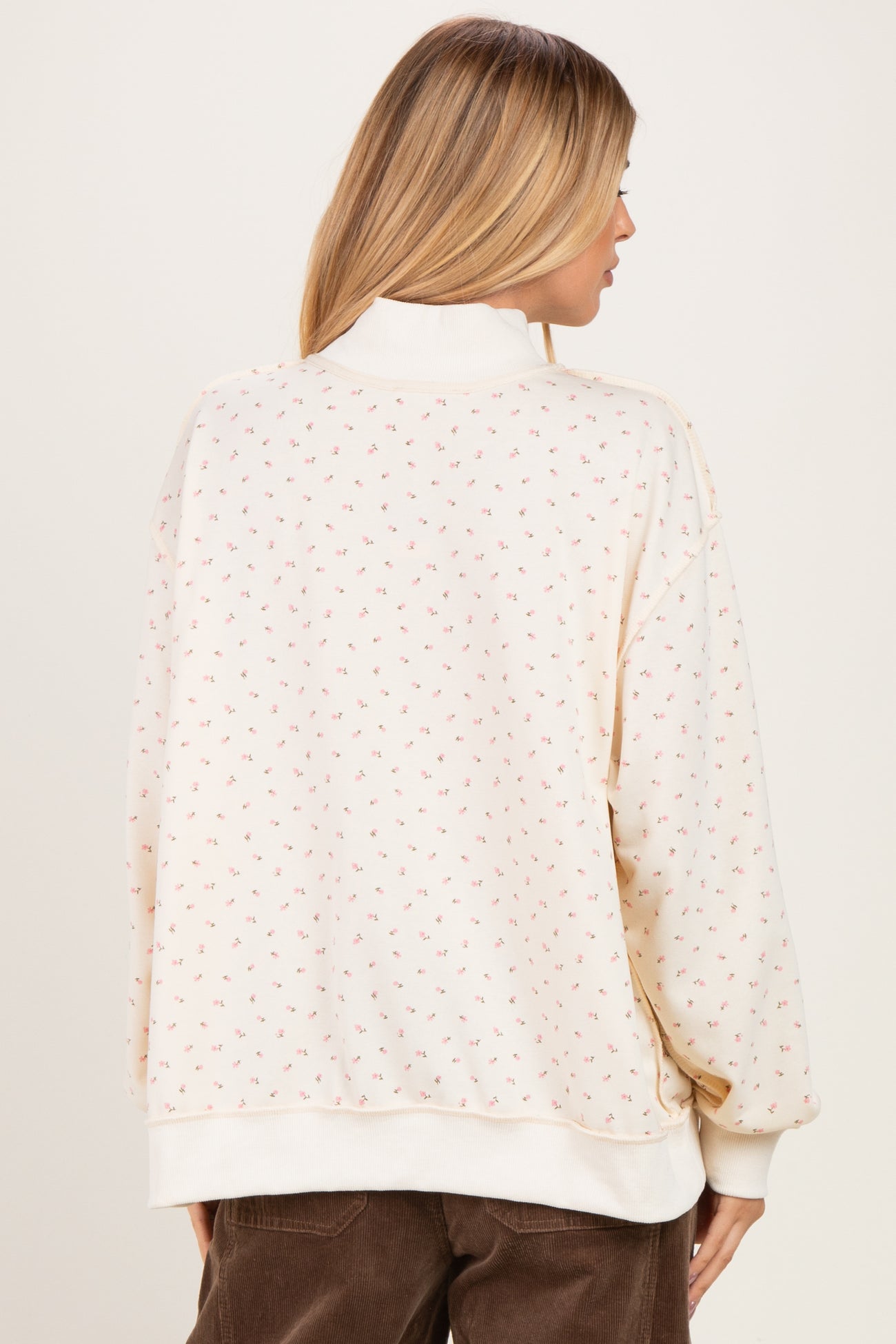 Cream Floral Mock Neck Drop Shoulder Pullover