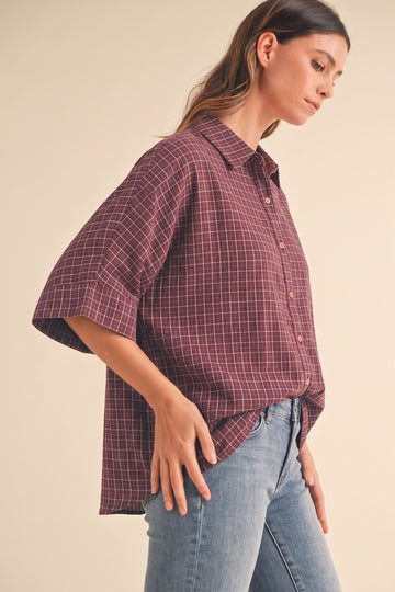 Merlot Oversized Check Plaid Button Down Shirt