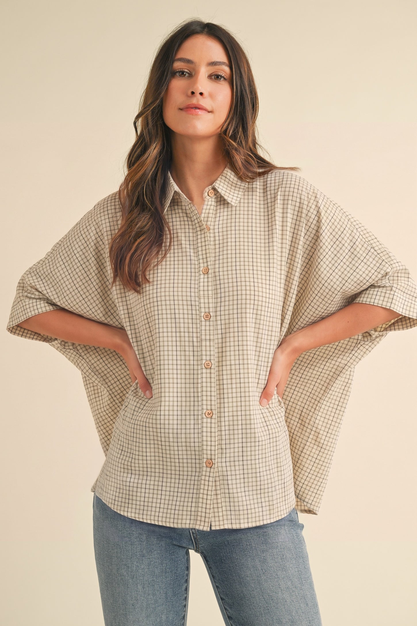 Oatmeal Oversized Check Plaid Maternity Button Down Shirt
