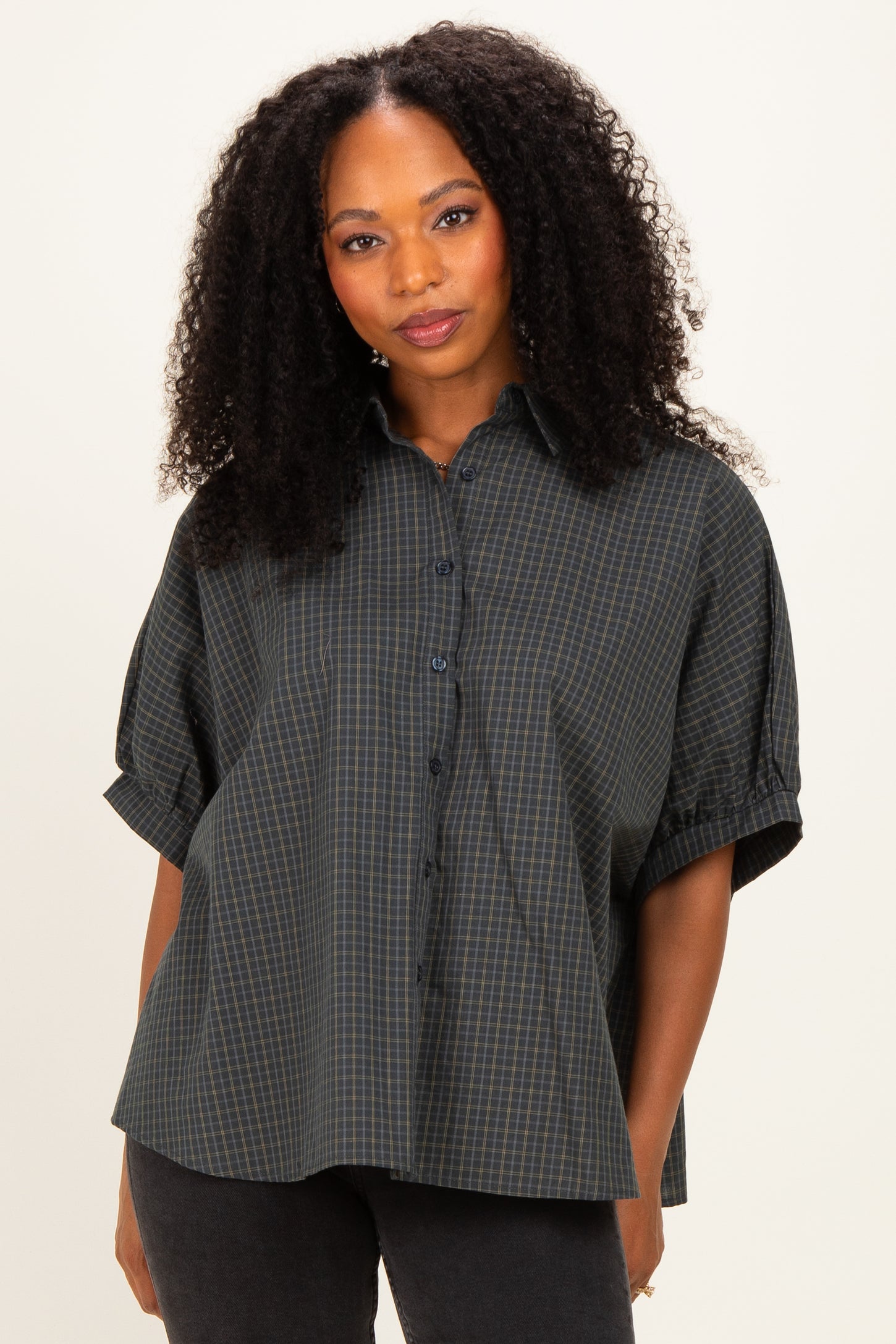 Pine Oversized Check Plaid Maternity Button Down Shirt