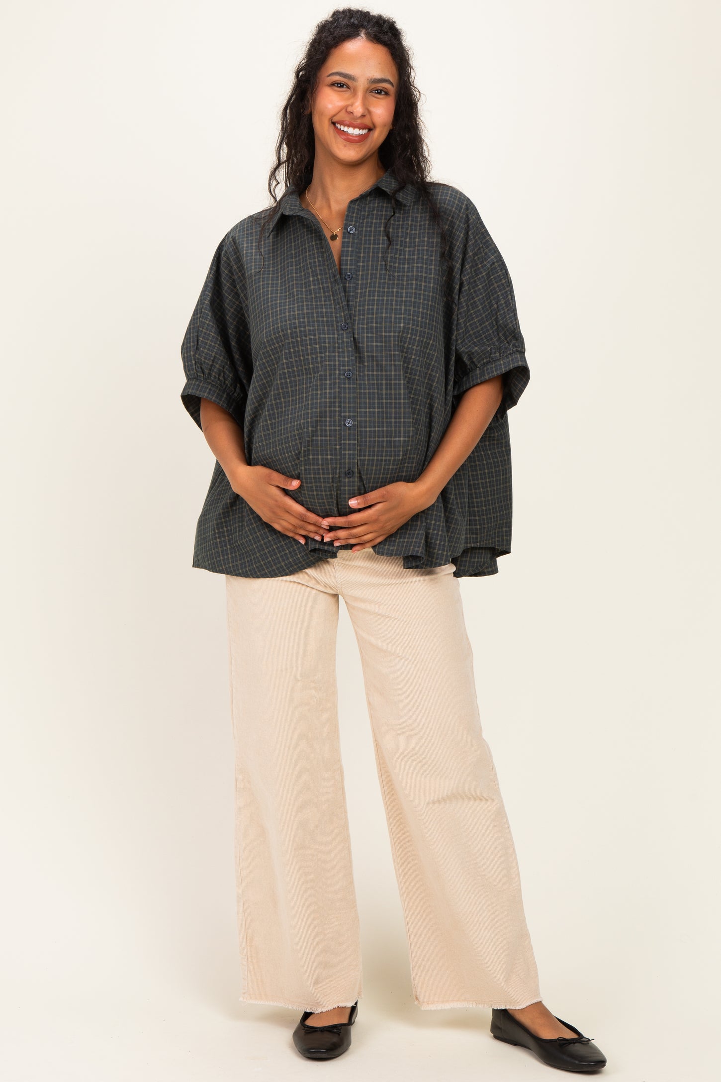 Pine Oversized Check Plaid Maternity Button Down Shirt
