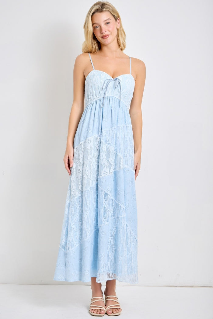 Light Blue Mixed Lace Sleeveless Maternity Midi Dress