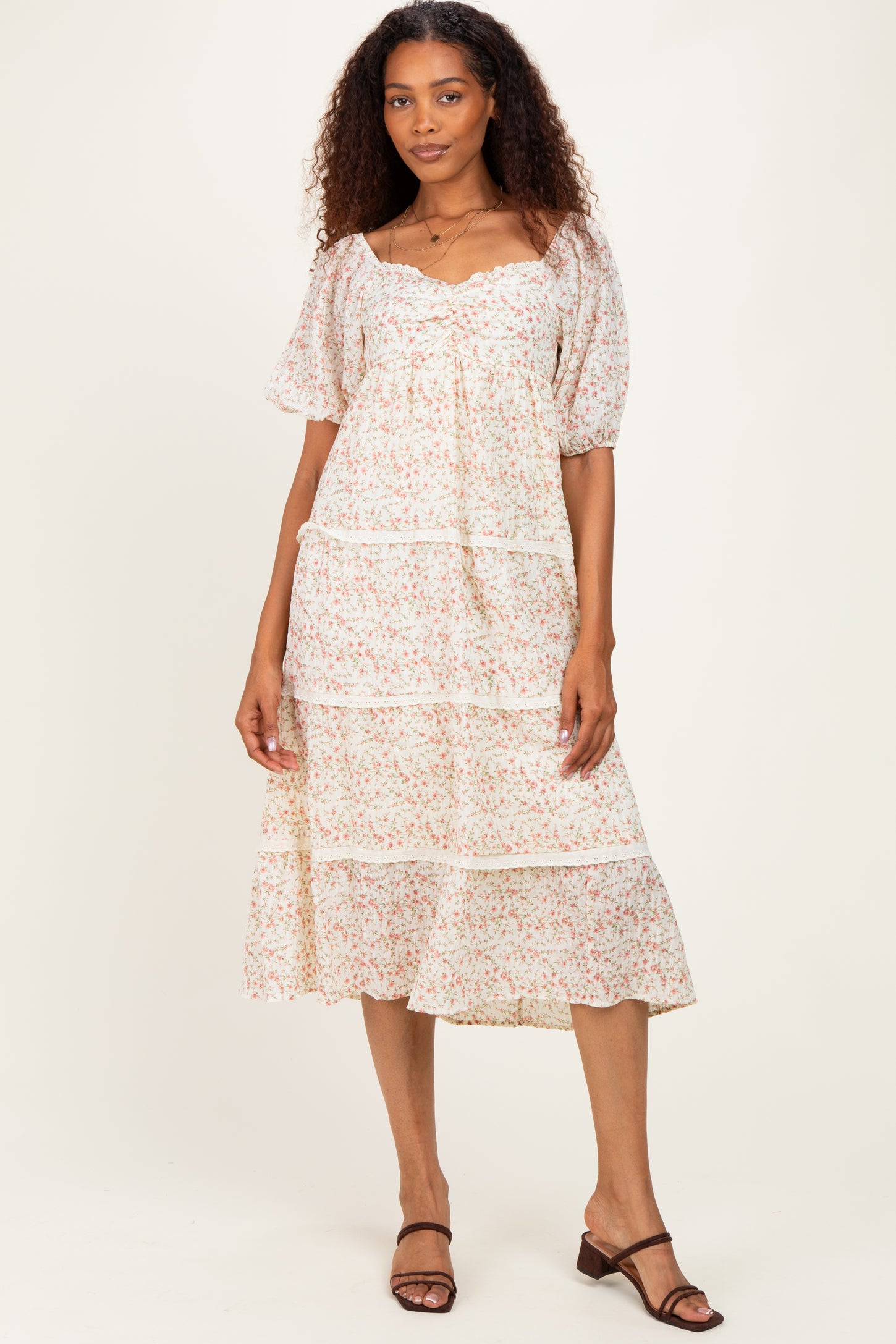 Butter Floral Lace Trim Tiered Midi Dress