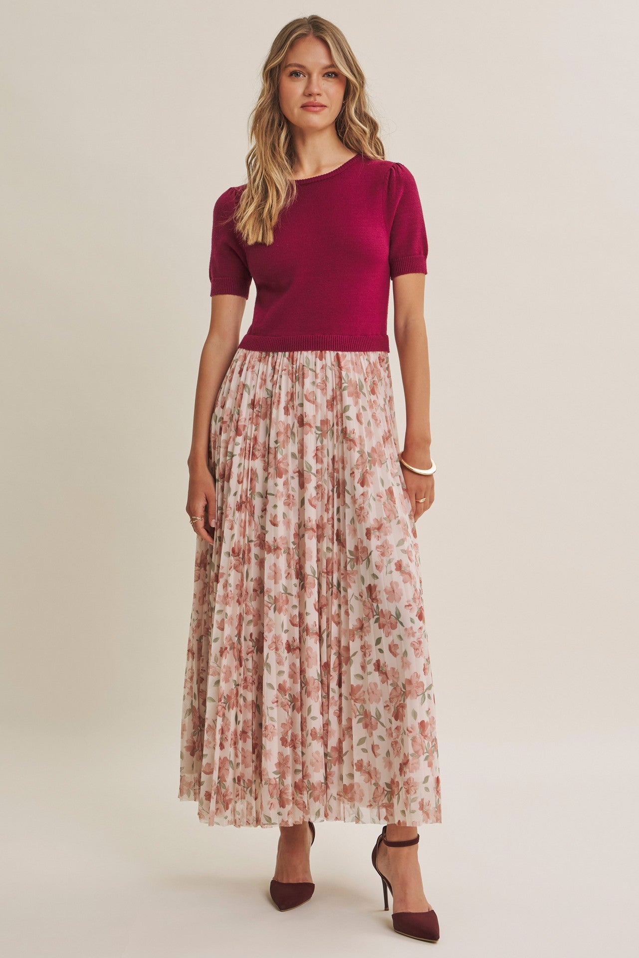 Burgundy Knit Top Pleated Floral Skirt Maternity Maxi Dress