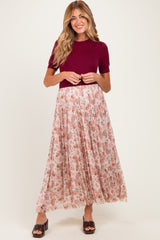 Burgundy Knit Top Pleated Floral Skirt Maternity Maxi Dress