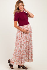 Burgundy Knit Top Pleated Floral Skirt Maternity Maxi Dress