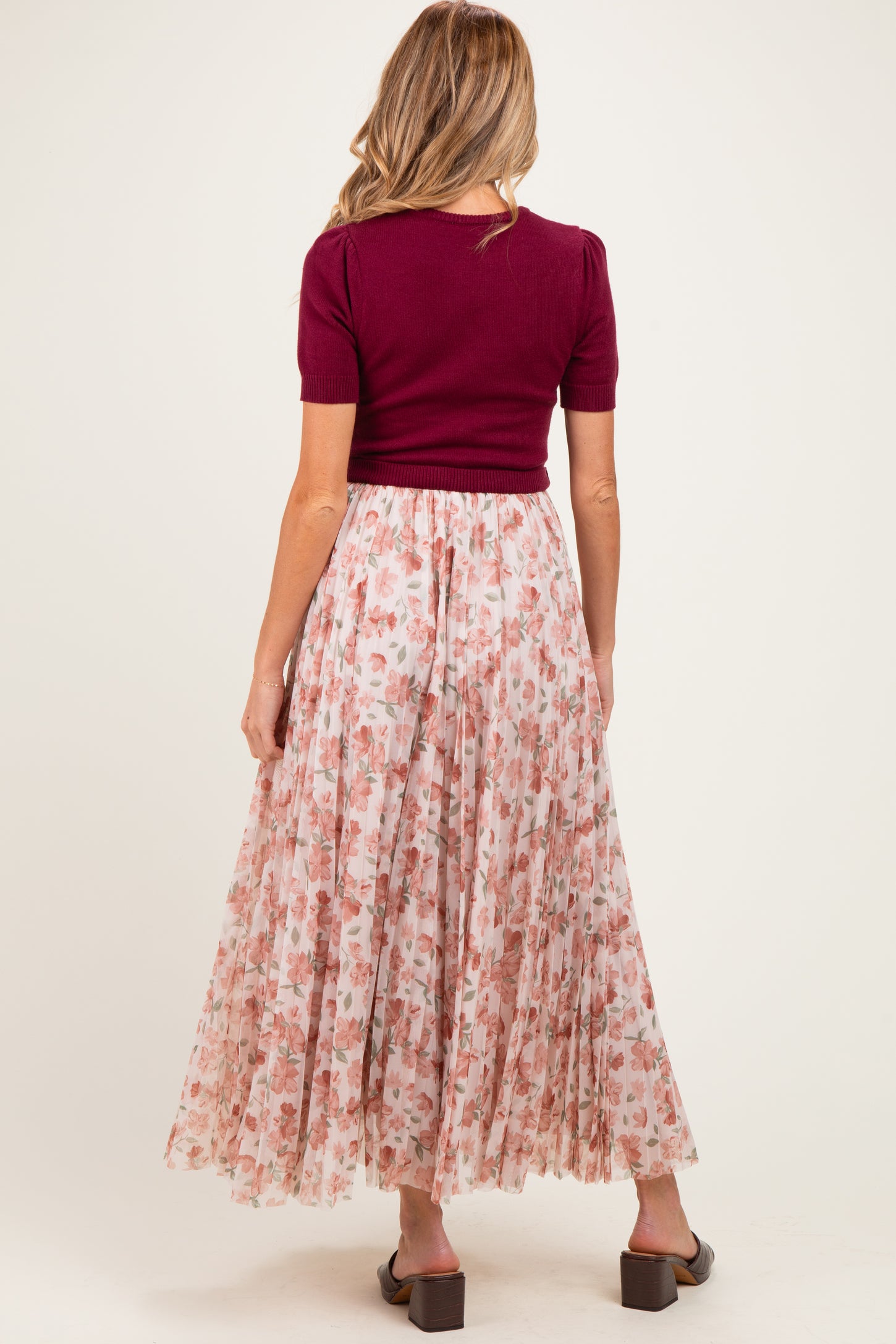 Burgundy Knit Top Pleated Floral Skirt Maternity Maxi Dress