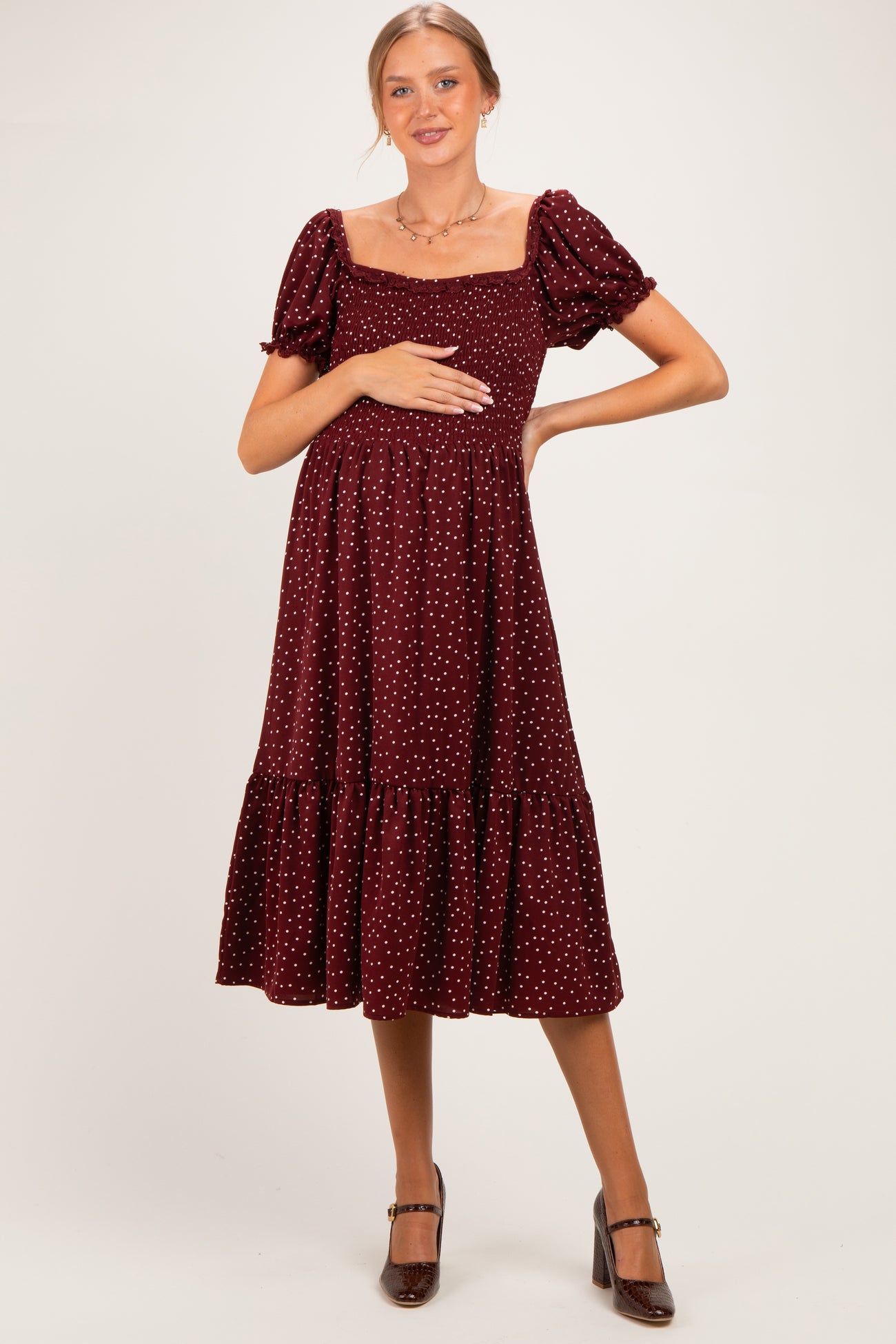 Burgundy Satin Polka Dot Puff Sleeve Maternity Midi Dress