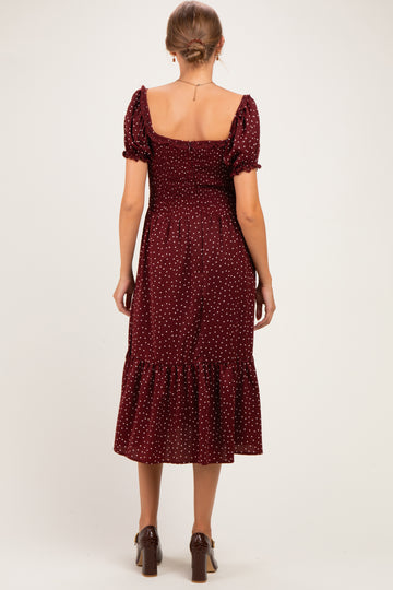 Burgundy Satin Polka Dot Puff Sleeve Maternity Midi Dress