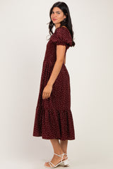 Burgundy Satin Polka Dot Puff Sleeve Midi Dress