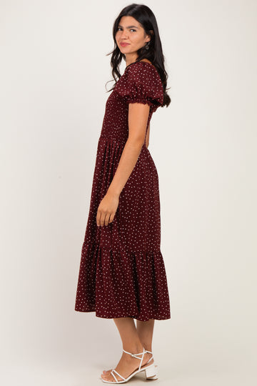Burgundy Satin Polka Dot Puff Sleeve Midi Dress