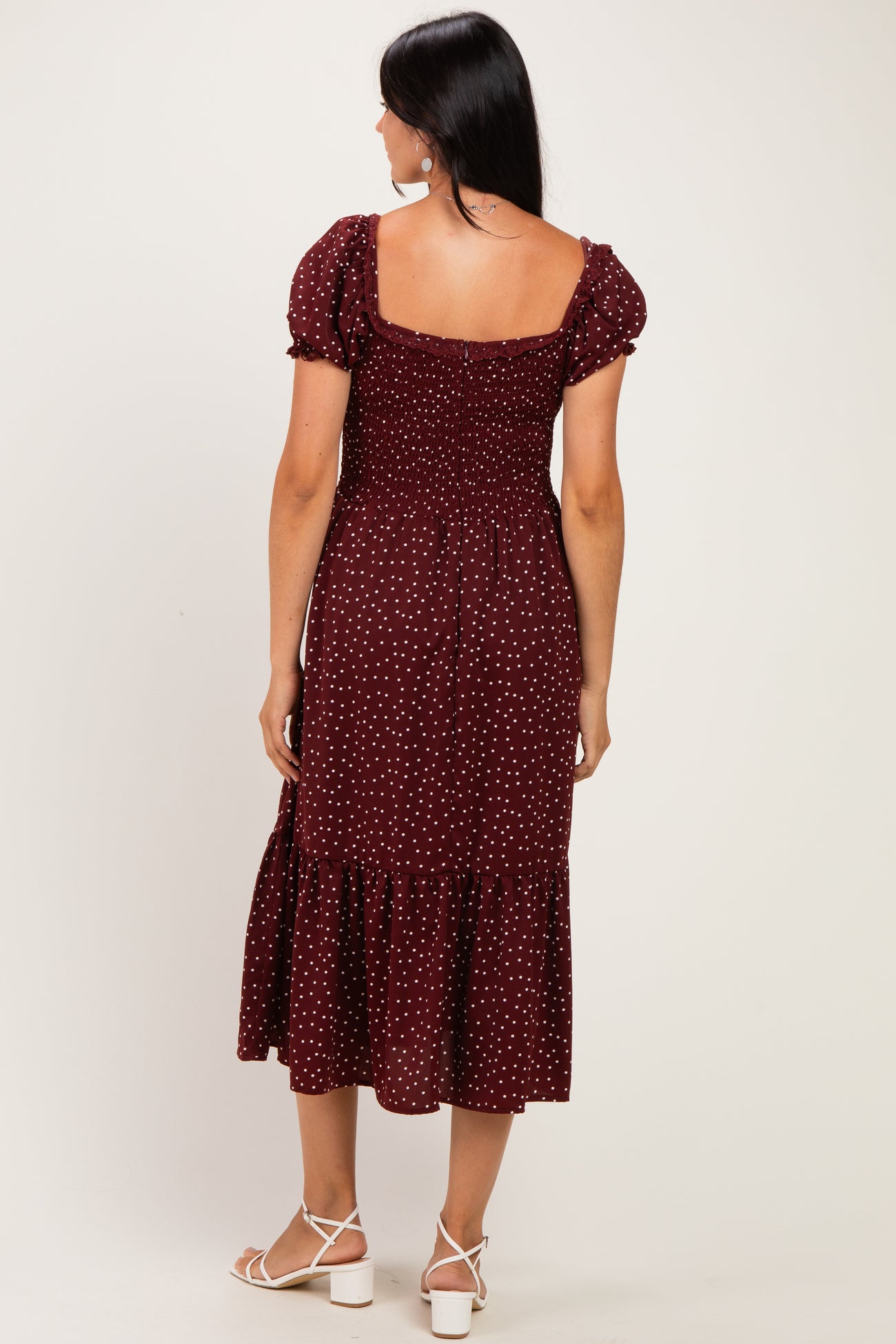 Burgundy Satin Polka Dot Puff Sleeve Midi Dress