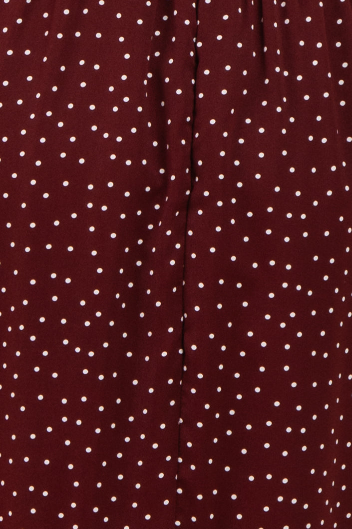Burgundy Satin Polka Dot Puff Sleeve Midi Dress