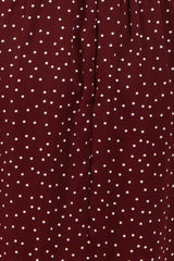 Burgundy Satin Polka Dot Puff Sleeve Midi Dress