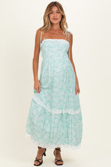 Jelly Mint Floral Shoulder Tie Ruffle Detail Maternity Maxi Dress