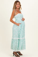 Jelly Mint Floral Shoulder Tie Ruffle Detail Maternity Maxi Dress