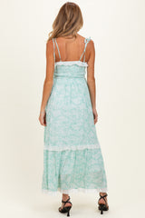 Jelly Mint Floral Shoulder Tie Ruffle Detail Maternity Maxi Dress