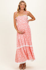 Candy Pink Floral Shoulder Tie Ruffle Detail Maternity Maxi Dress