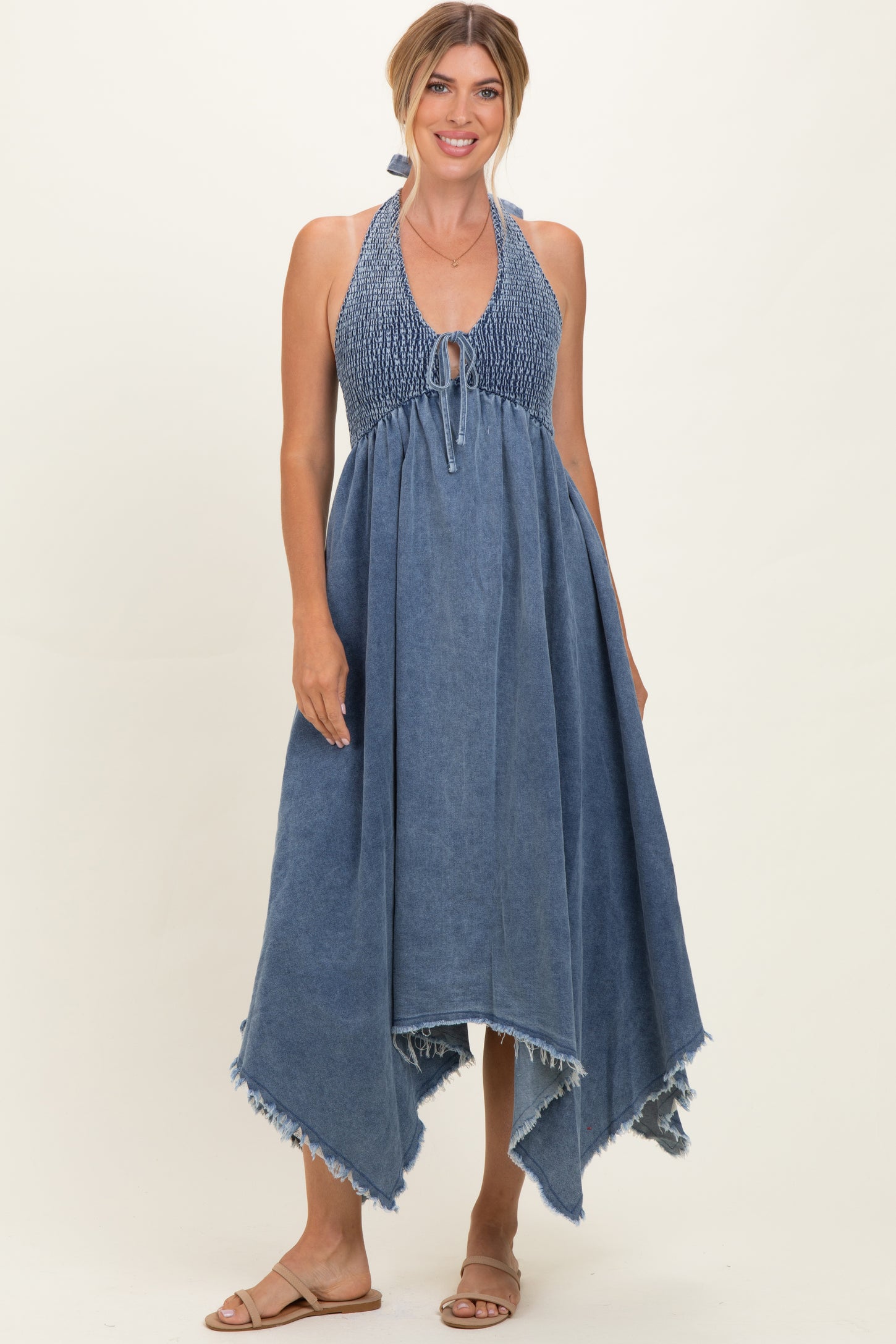 Light Denim Smocked Halter Handkerchief Dress – PinkBlush