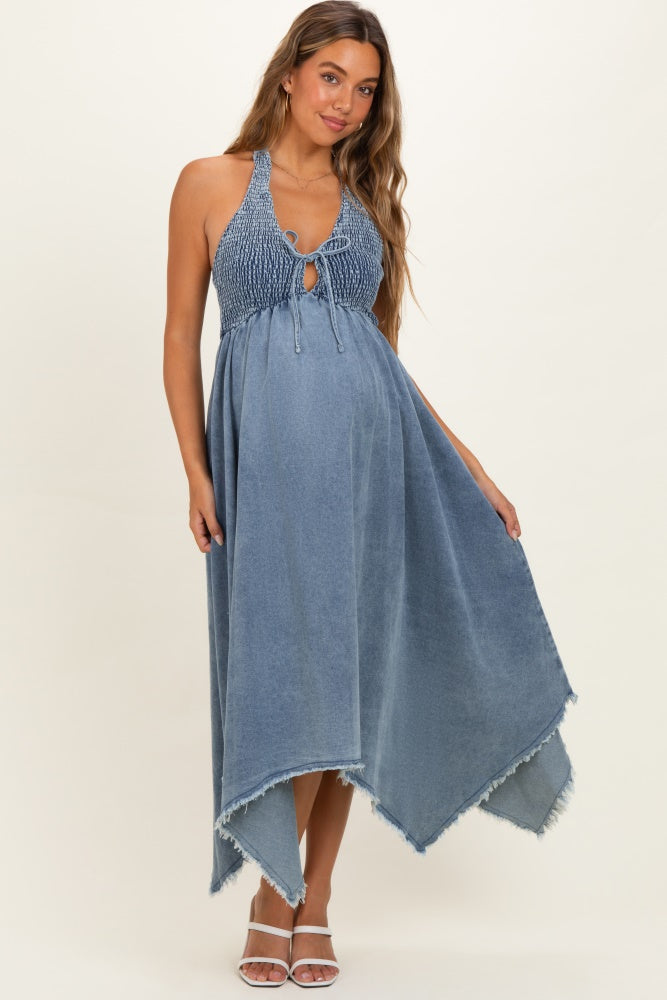 halter handkerchief dress Light Denim Smocked Halter Handkerchief Maternity Dress – PinkBlush