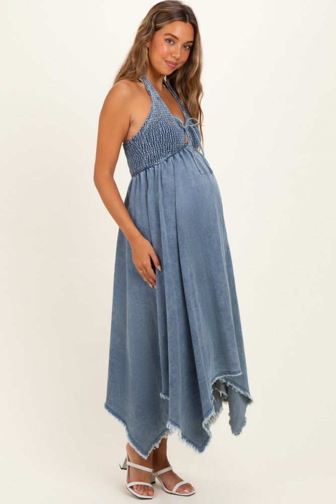 halter handkerchief dress Light Denim Smocked Halter Handkerchief Maternity Dress – PinkBlush