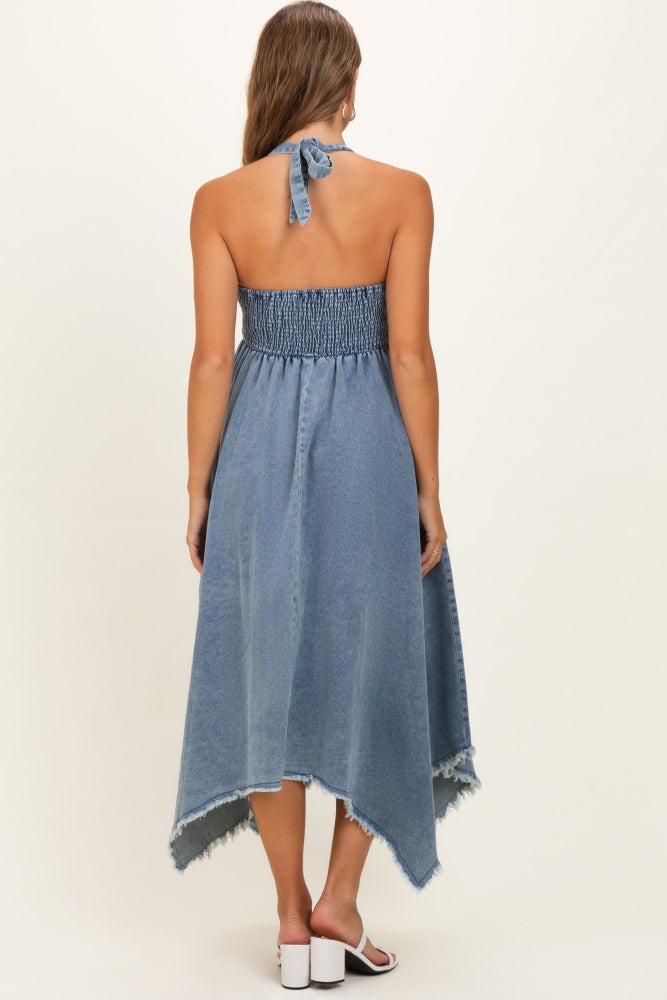 Light Denim Smocked Halter Handkerchief Maternity Dress – PinkBlush