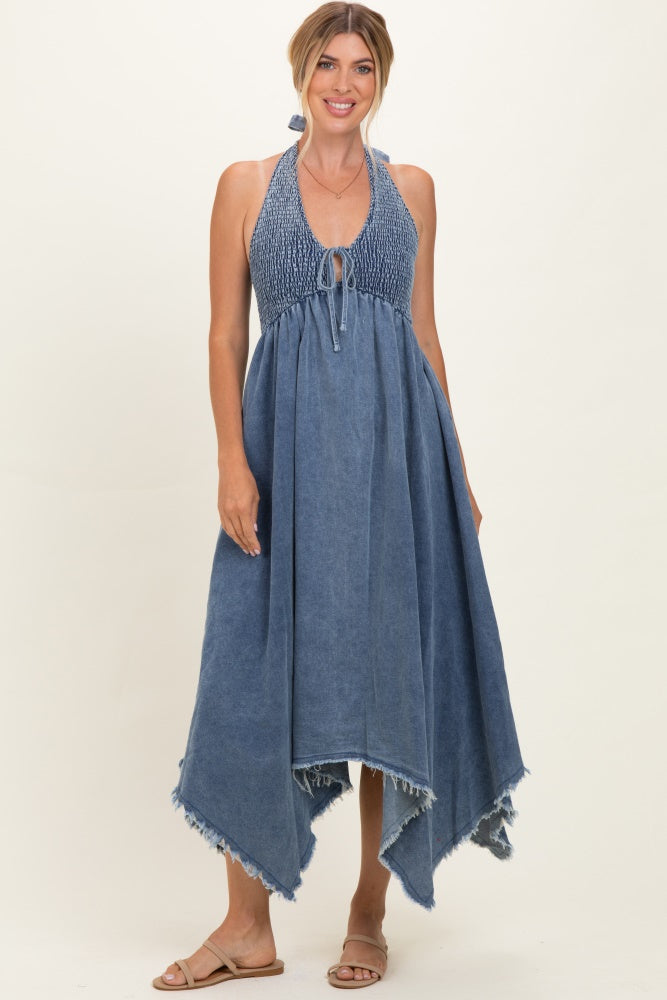 Light Denim Smocked Halter Handkerchief Maternity Dress