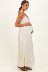 Cream Crochet Detail Tiered Shoulder Tie Maternity Maxi Dress