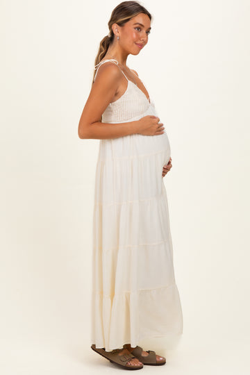 Cream Crochet Detail Tiered Shoulder Tie Maternity Maxi Dress