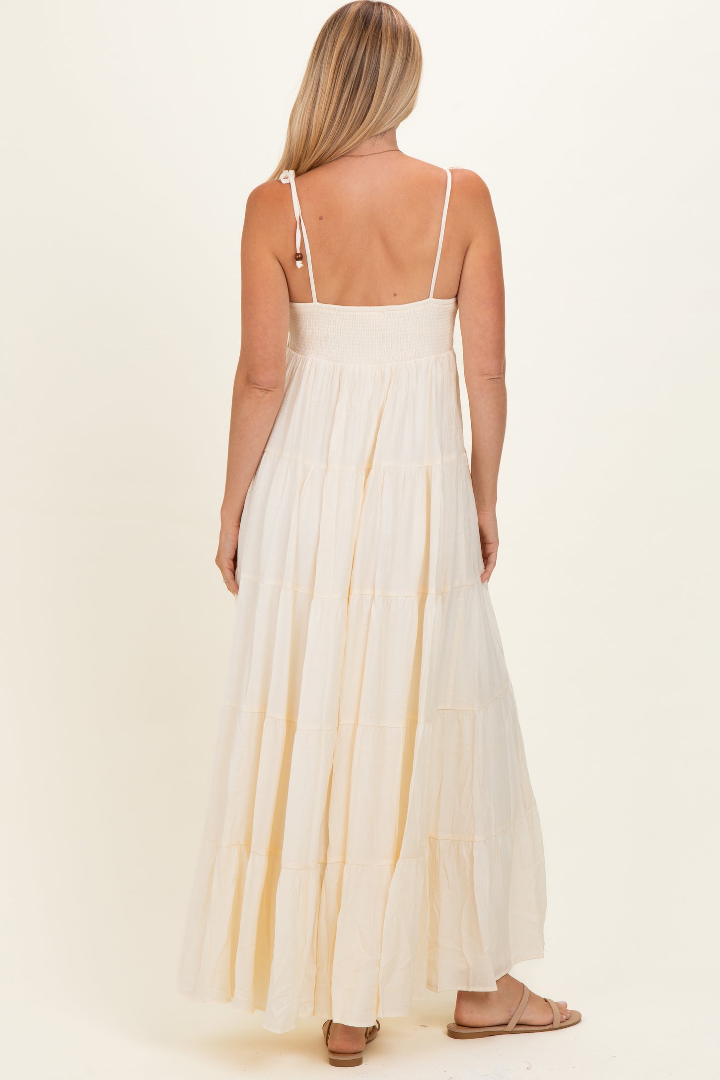 Cream Crochet Detail Tiered Shoulder Tie Maxi Dress