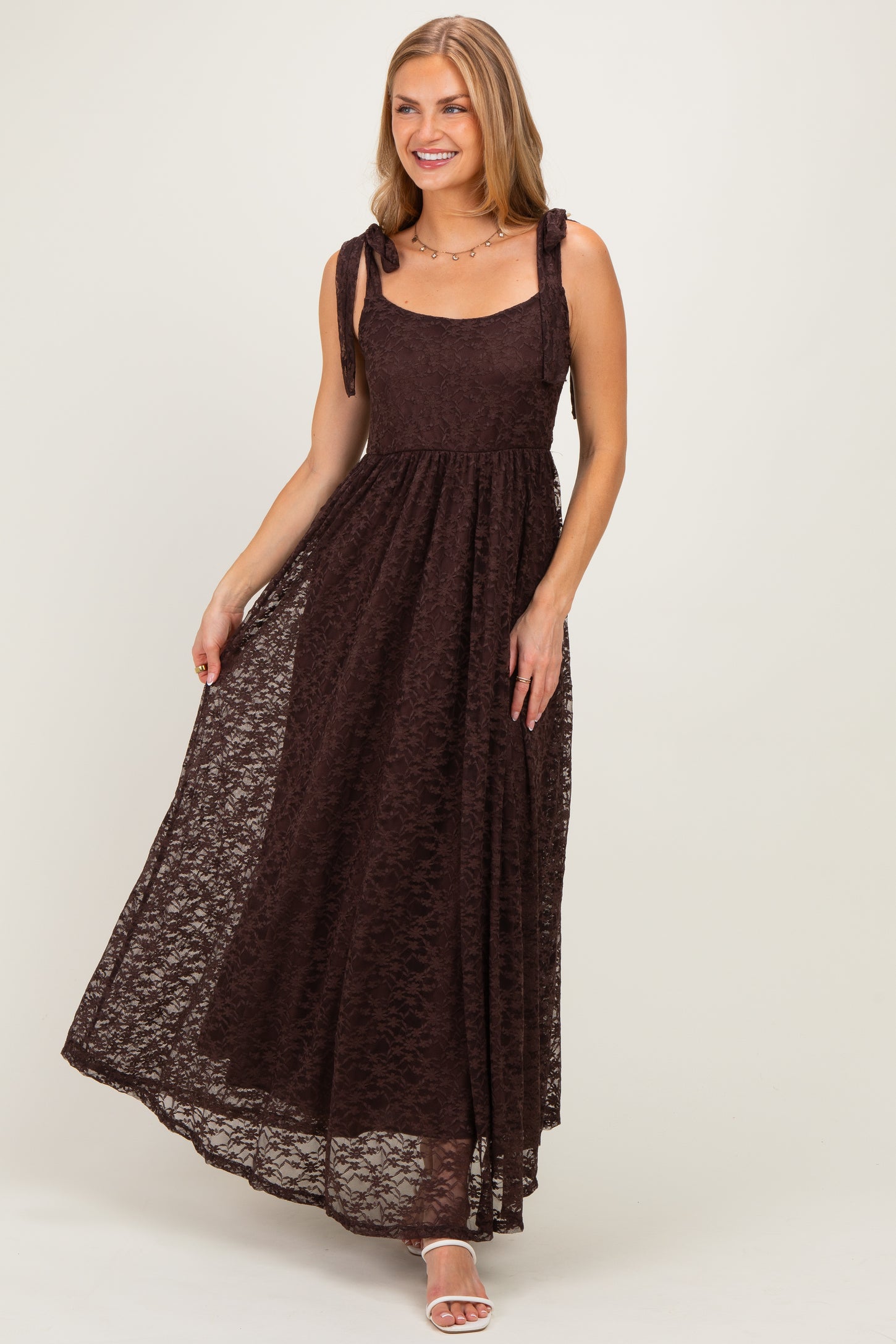 Brown Sleeveless Lace Maternity Maxi Dress