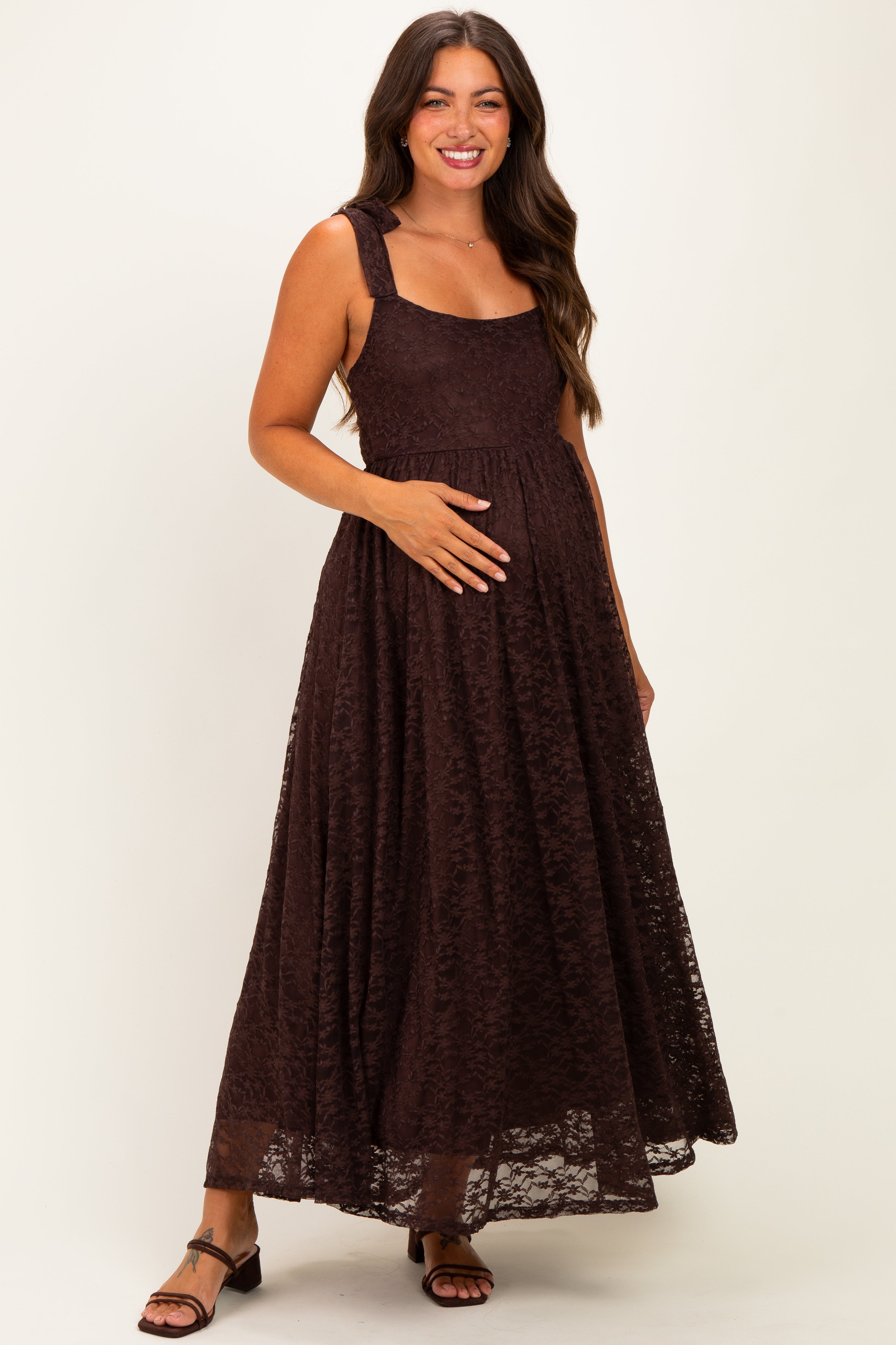 brown baby shower dress Momyknows Ruched Off Shoulder Side Slit Elegant Maternity Maxi Dress, Brown / S night out Momyknows Brown Off Shoulder Long