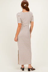 Cream/ Brown Striped Knit Short Sleeve Maxi Dress
